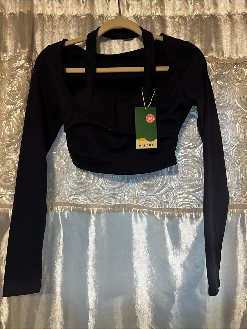 HALARA Navy Long-Sleeve Cropped Top with Built-In Bralette